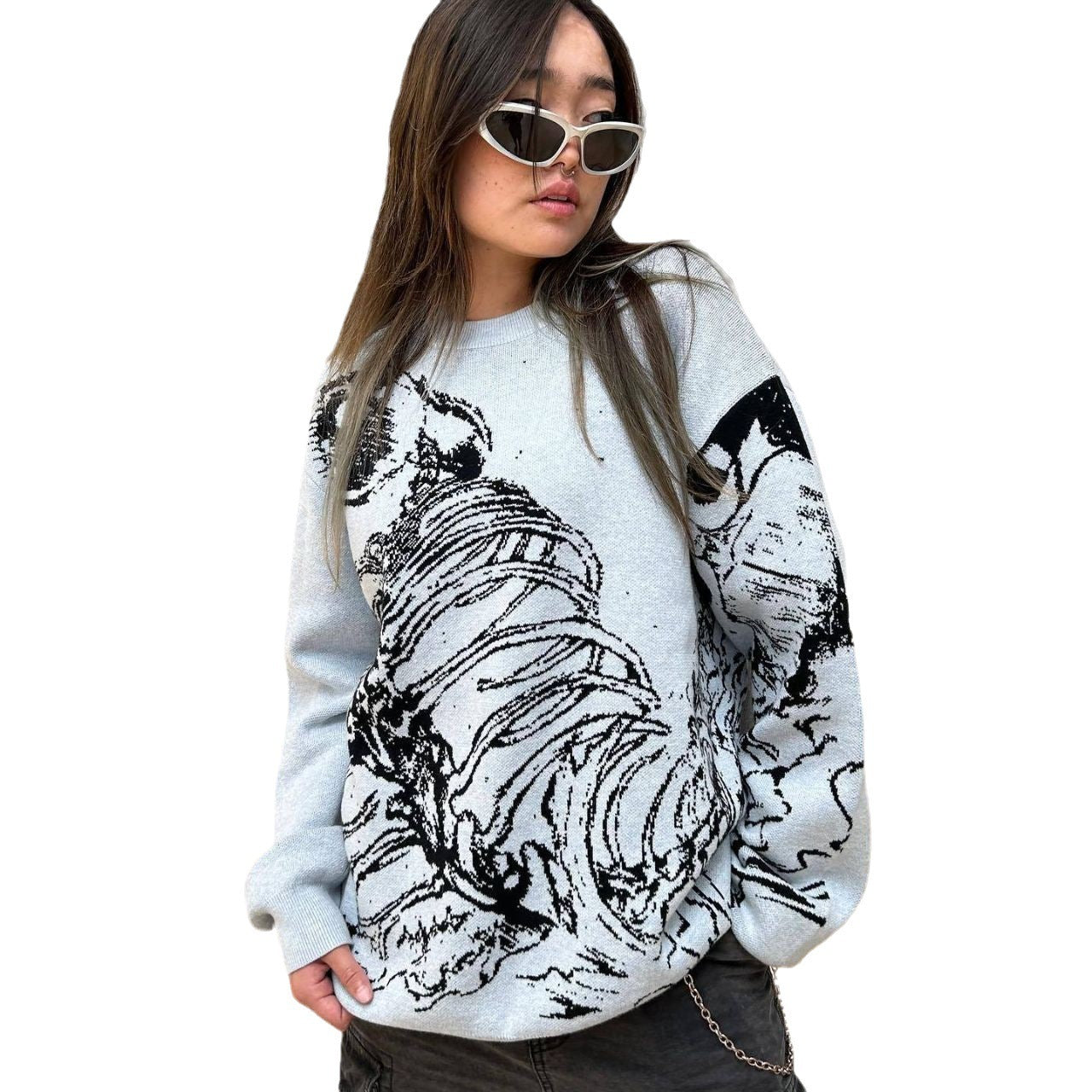 Y2g Sweater Gothic Skeleton Print Pullover