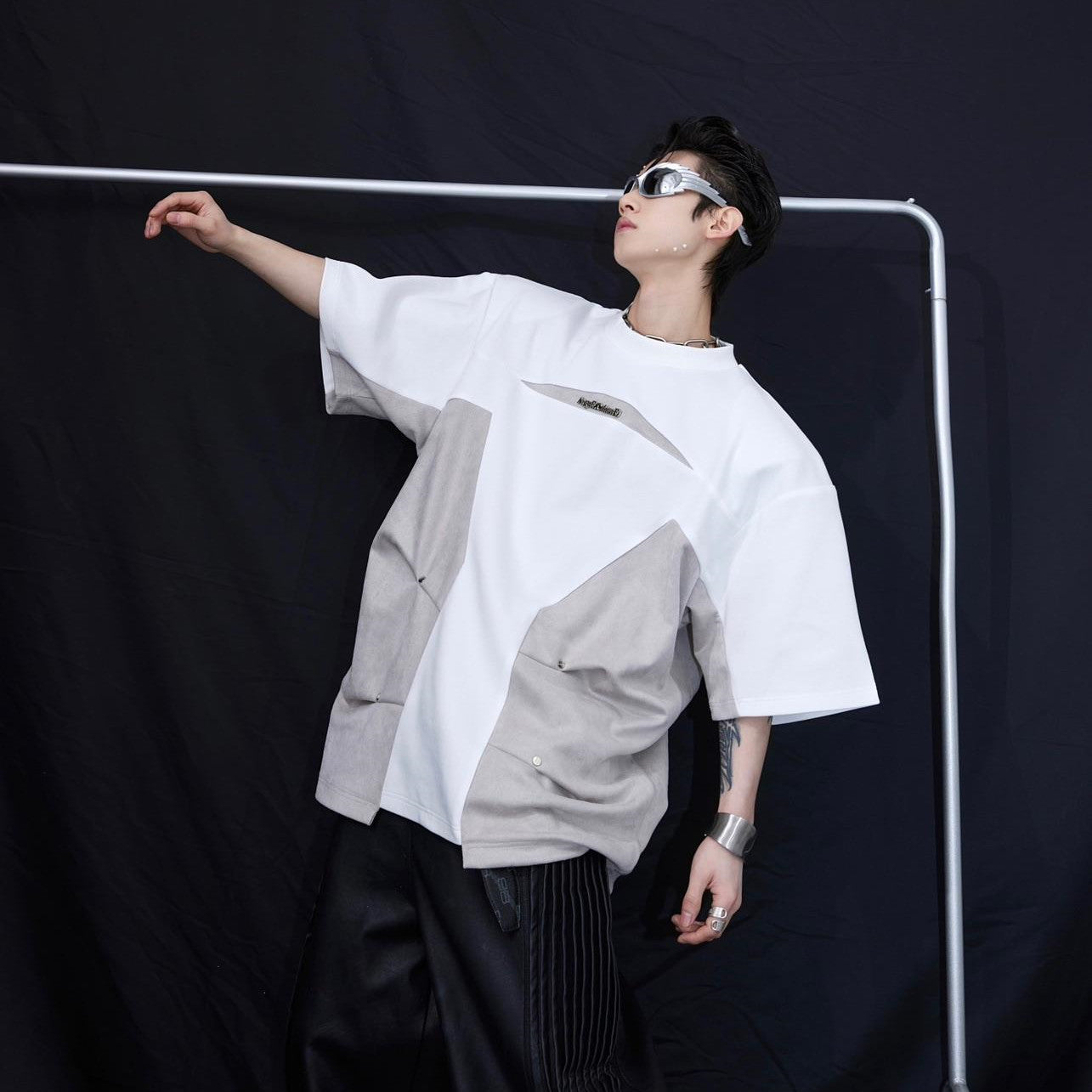 Men's Heavy Industry Niche Color Contrast Patchwork Padded Shoulder Short-sleeved T-shirt