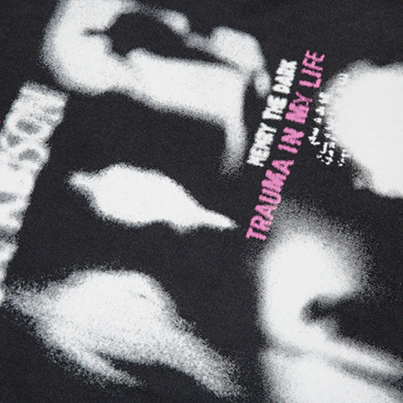 Dark High Street Fuzzy Abstract Printing T-shirt