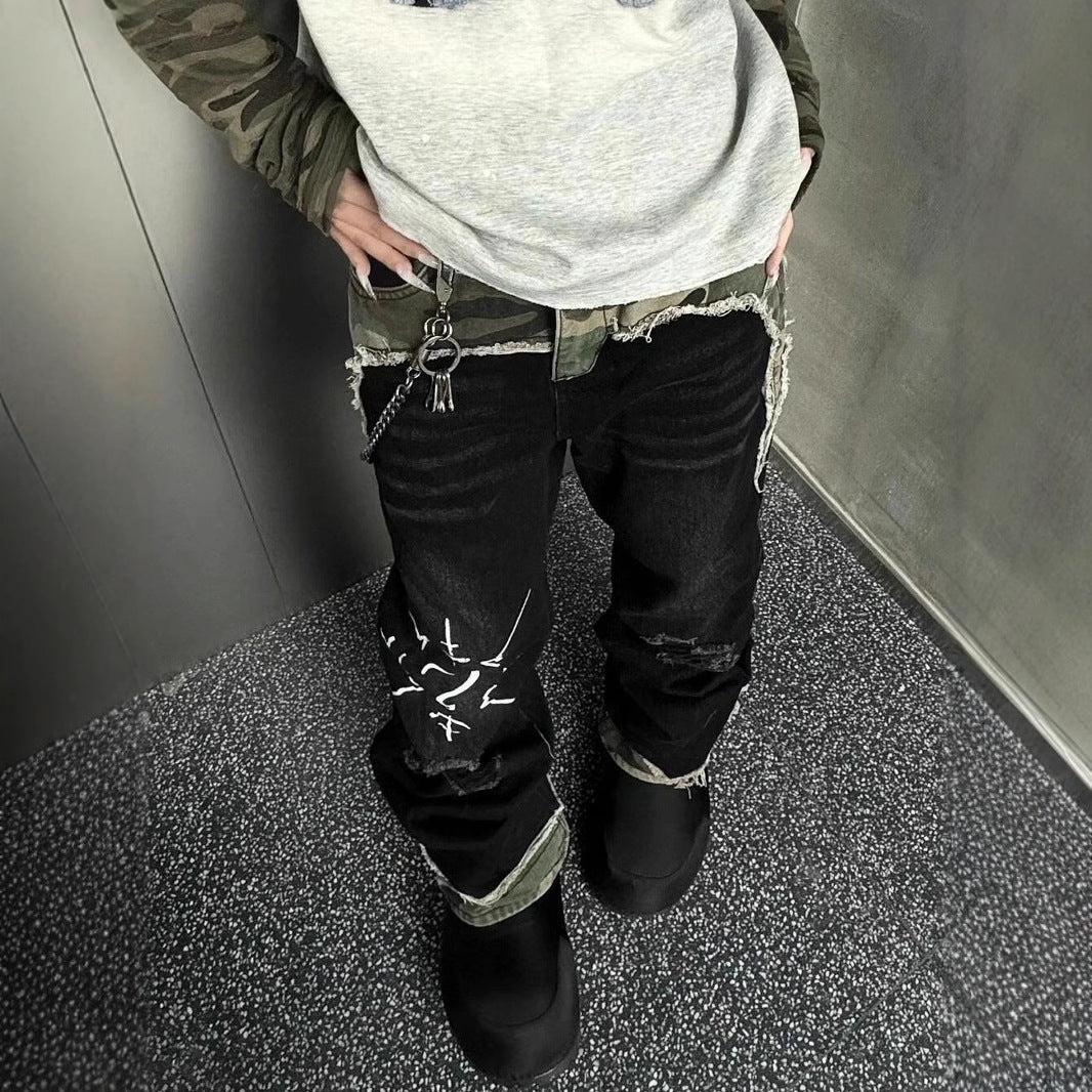American Street Retro Camouflage Stitching Jeans