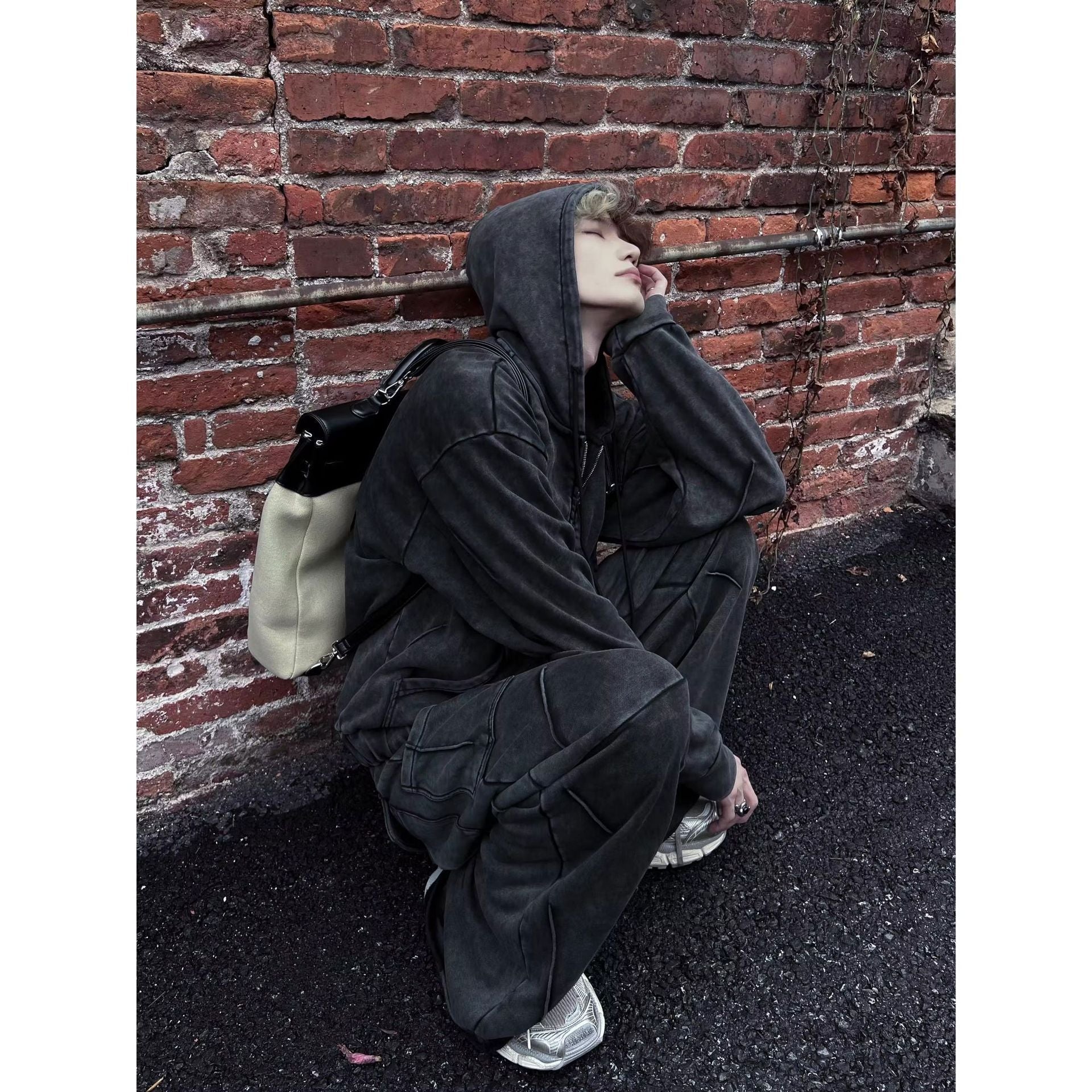 Niche Heavy Industry Washed Distressed Hooded Zipper Sweatshirt Casual Pants