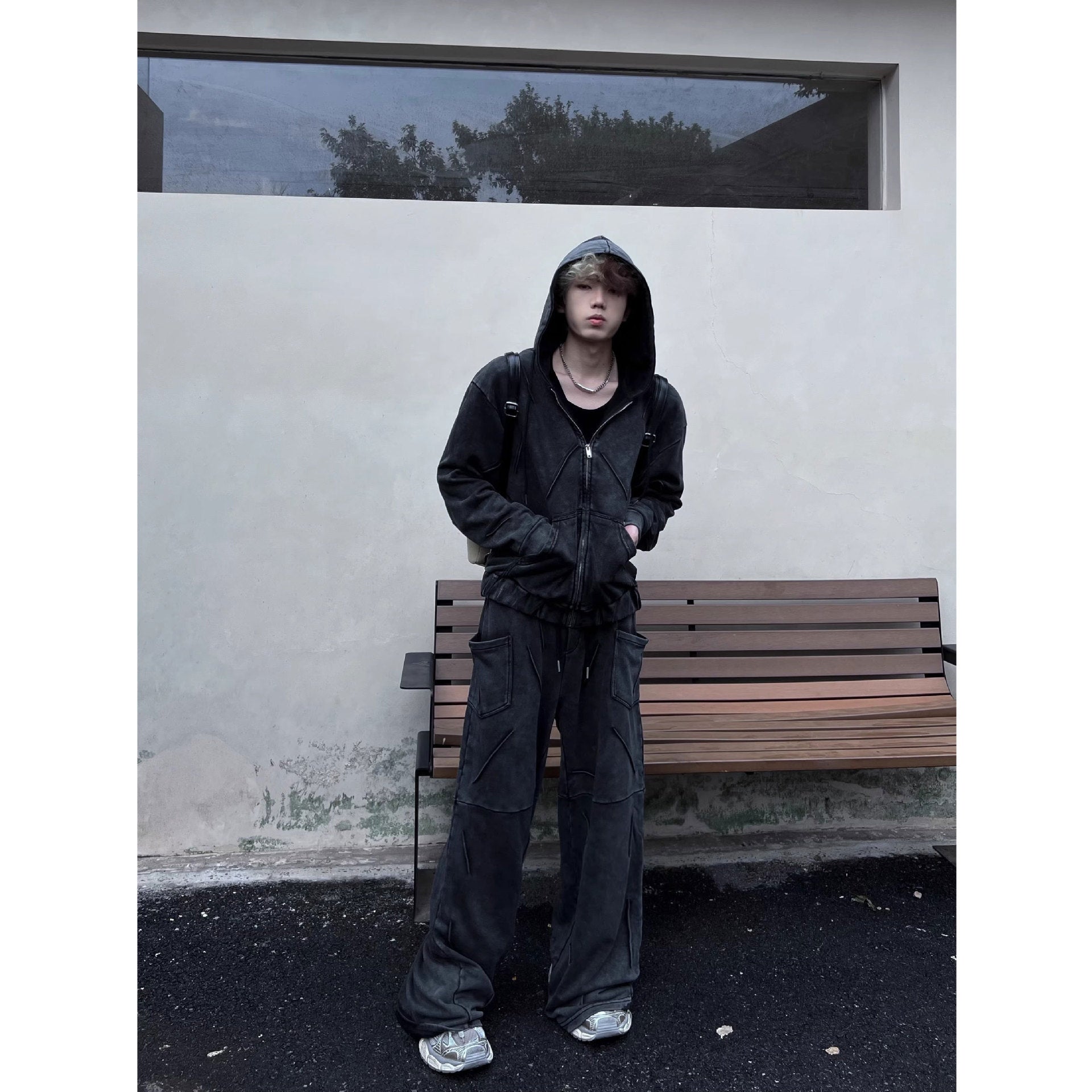 Niche Heavy Industry Washed Distressed Hooded Zipper Sweatshirt Casual Pants