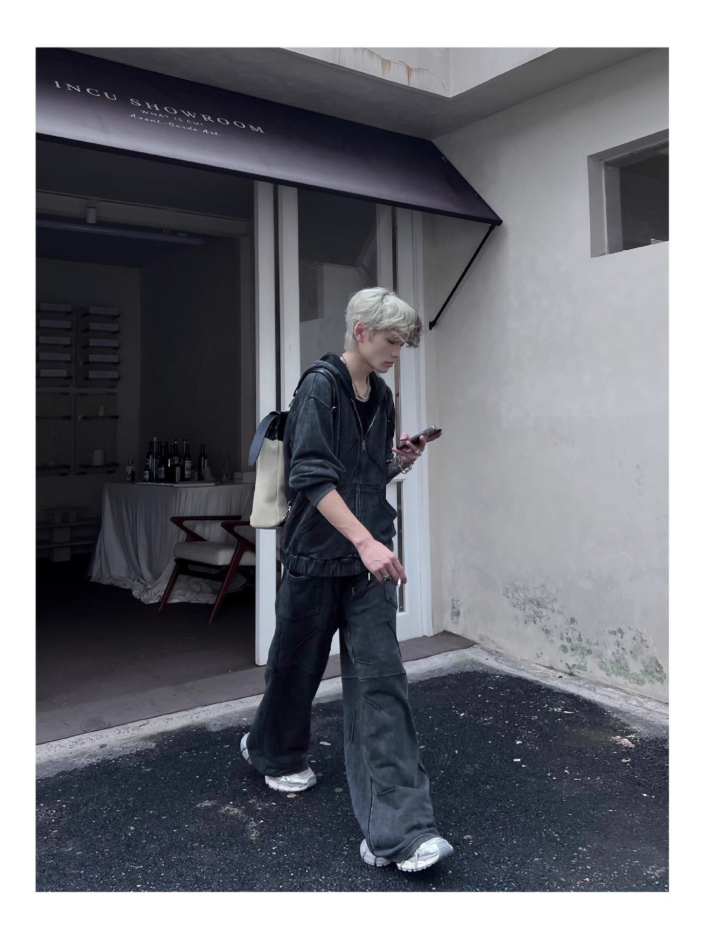 Niche Heavy Industry Washed Distressed Hooded Zipper Sweatshirt Casual Pants