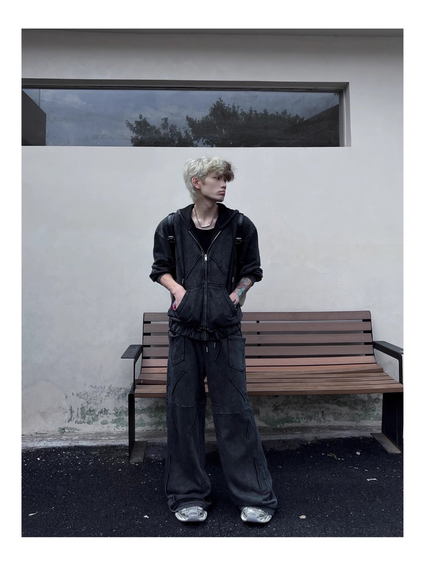 Niche Heavy Industry Washed Distressed Hooded Zipper Sweatshirt Casual Pants