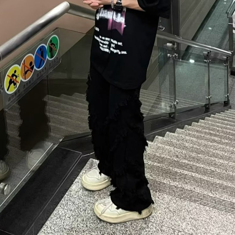 High Street Structure Design Raw Hem Jeans Men's Straight Advanced Retro Trousers