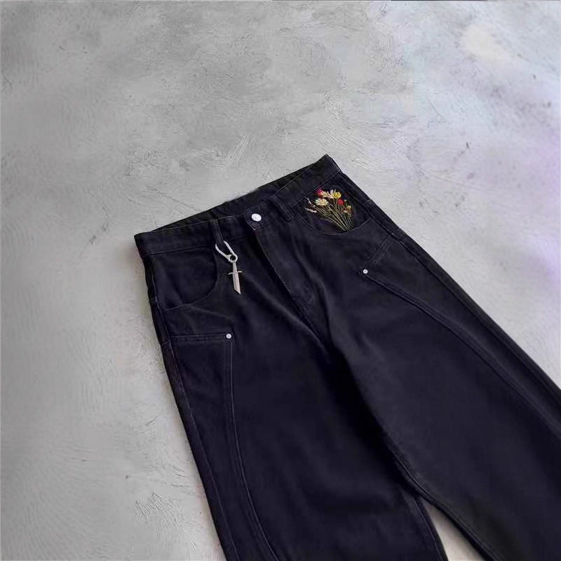 Men's Loose Casual Printed Black Straight Leg Jeans