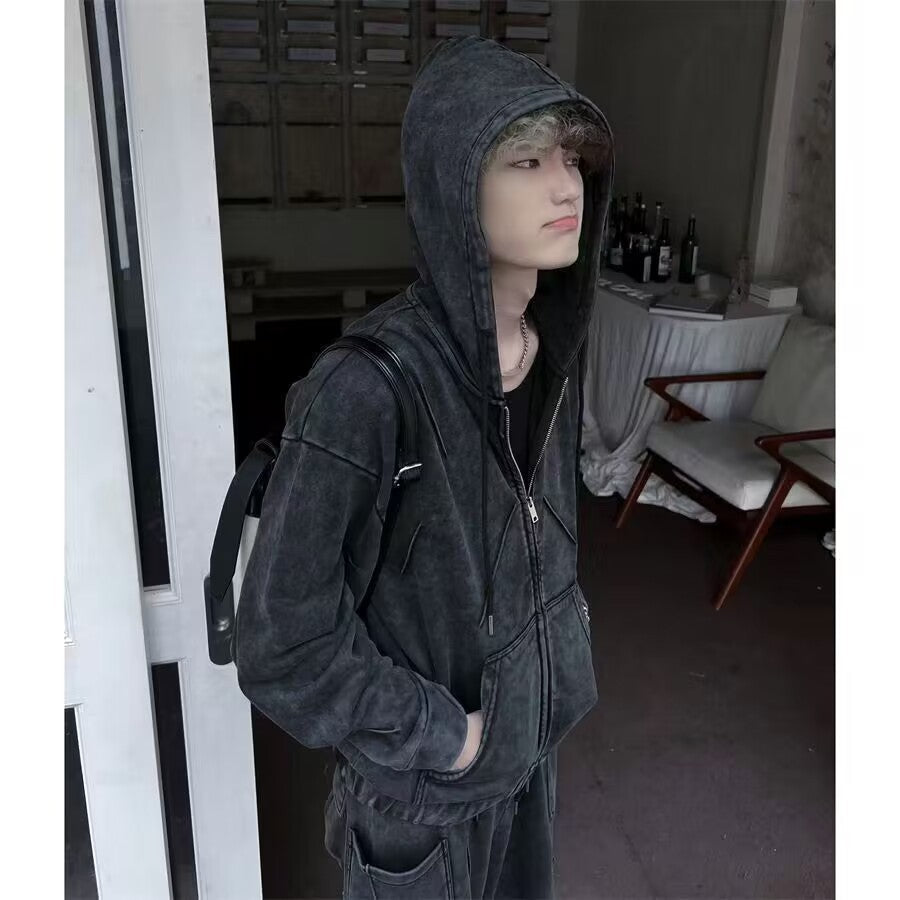Niche Heavy Industry Washed Distressed Hooded Zipper Sweatshirt Casual Pants