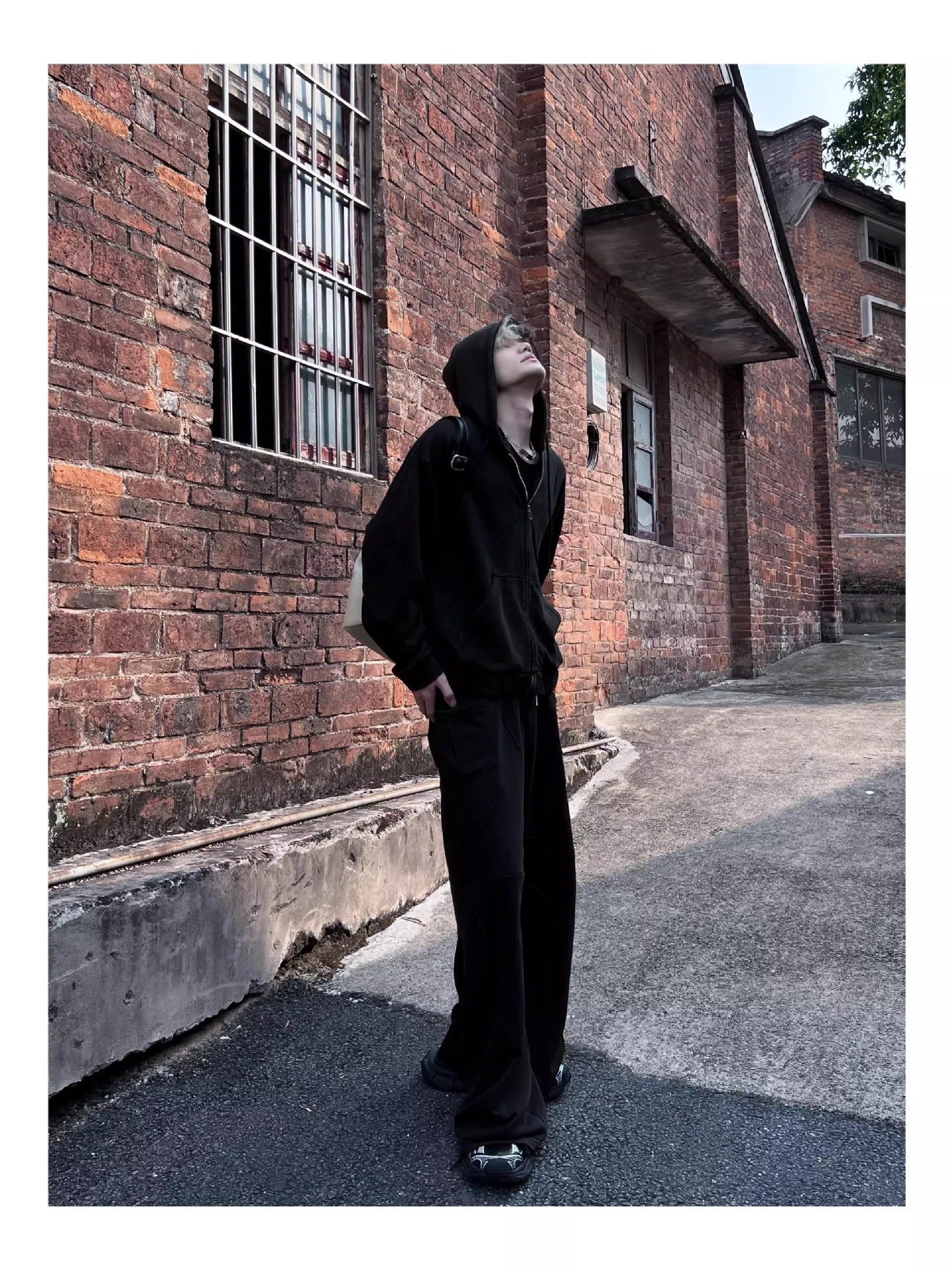 Niche Heavy Industry Washed Distressed Hooded Zipper Sweatshirt Casual Pants