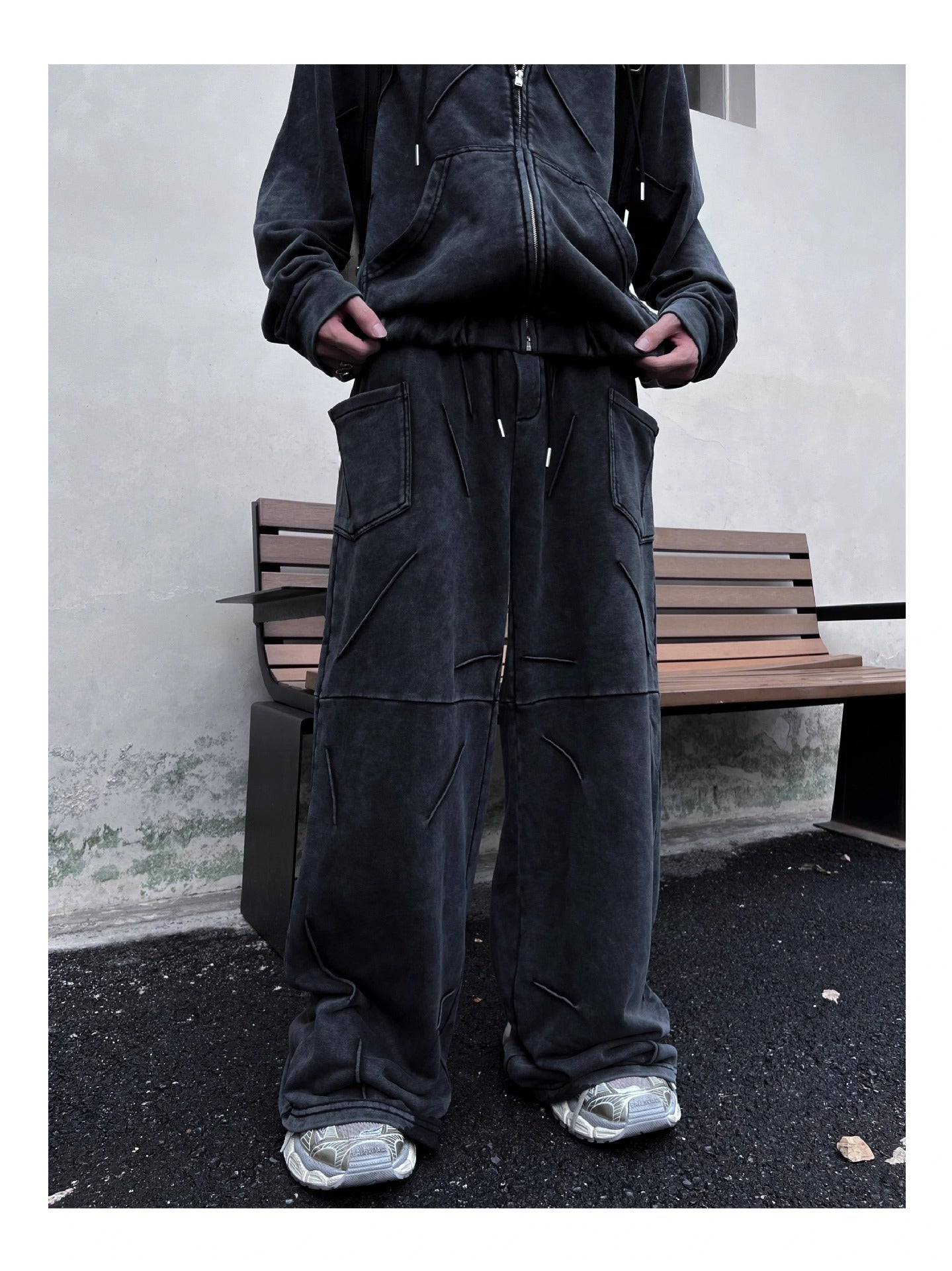 Niche Heavy Industry Washed Distressed Hooded Zipper Sweatshirt Casual Pants