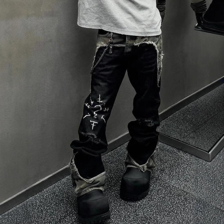 American Street Retro Camouflage Stitching Jeans