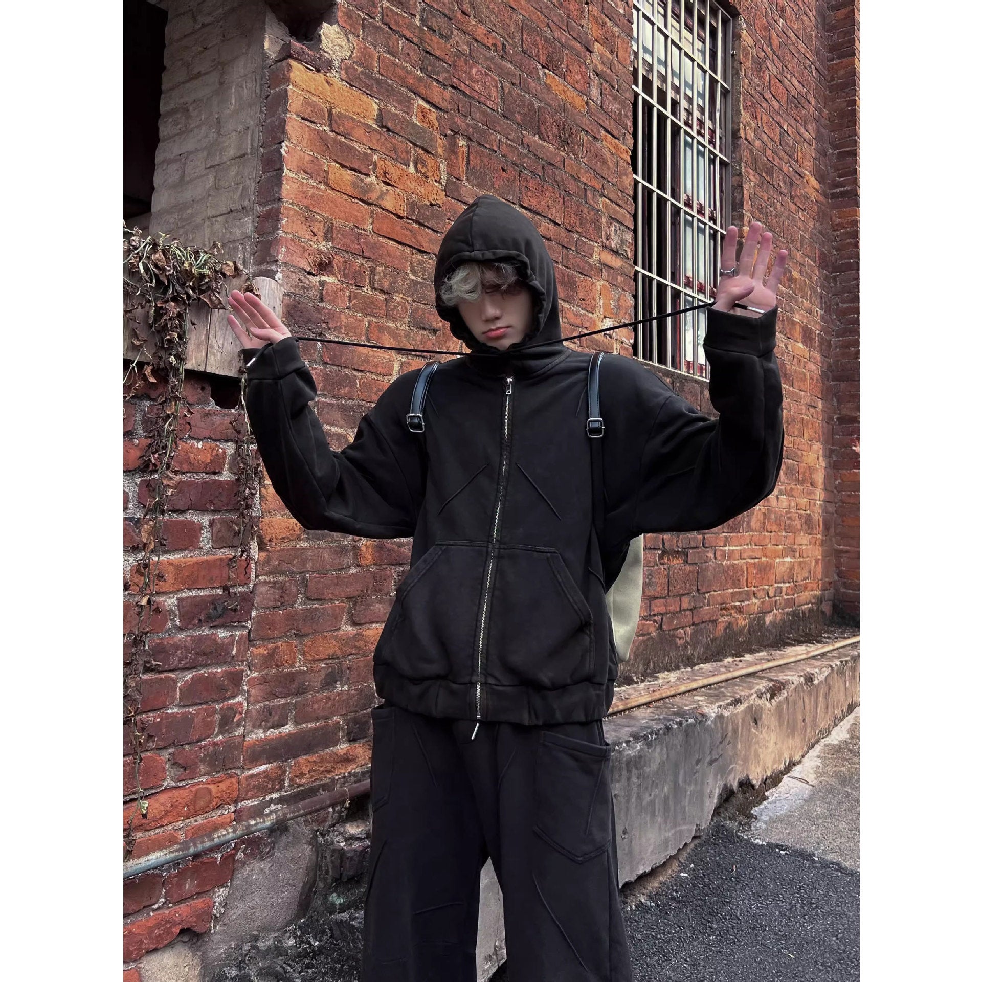 Niche Heavy Industry Washed Distressed Hooded Zipper Sweatshirt Casual Pants