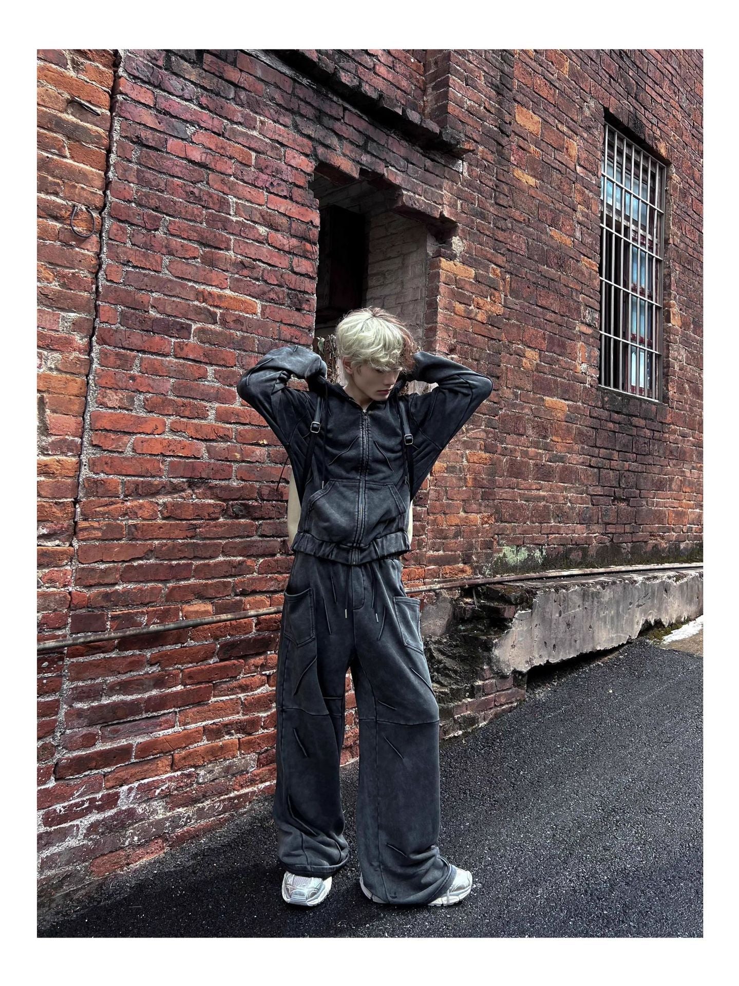 Niche Heavy Industry Washed Distressed Hooded Zipper Sweatshirt Casual Pants