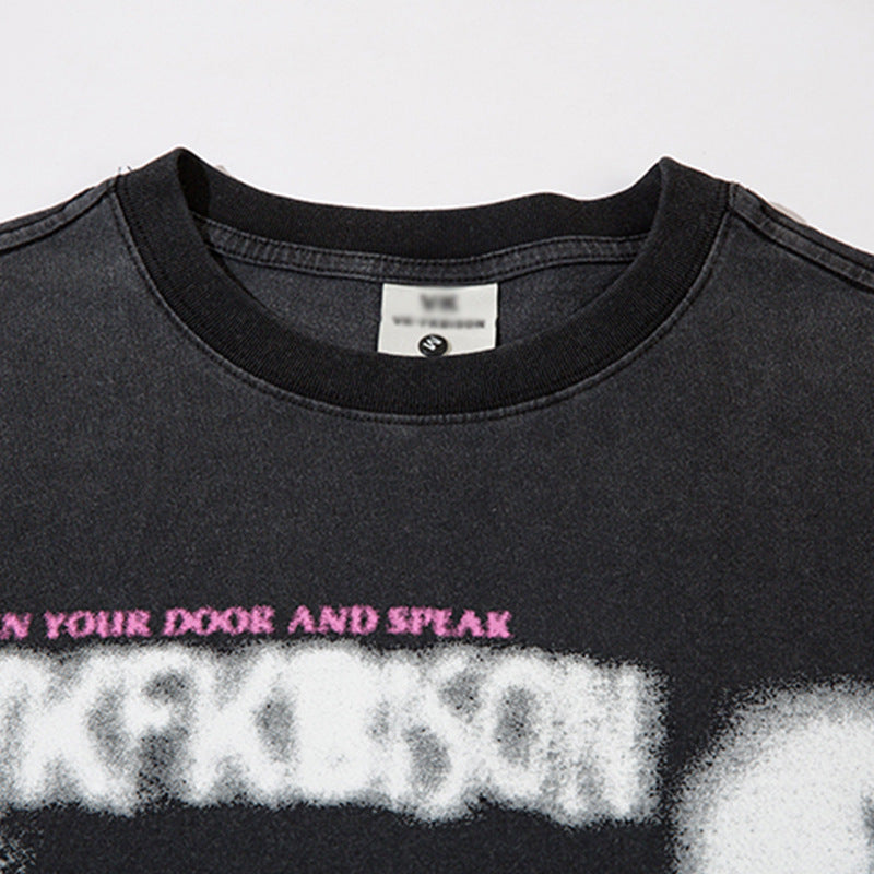 Dark High Street Fuzzy Abstract Printing T-shirt