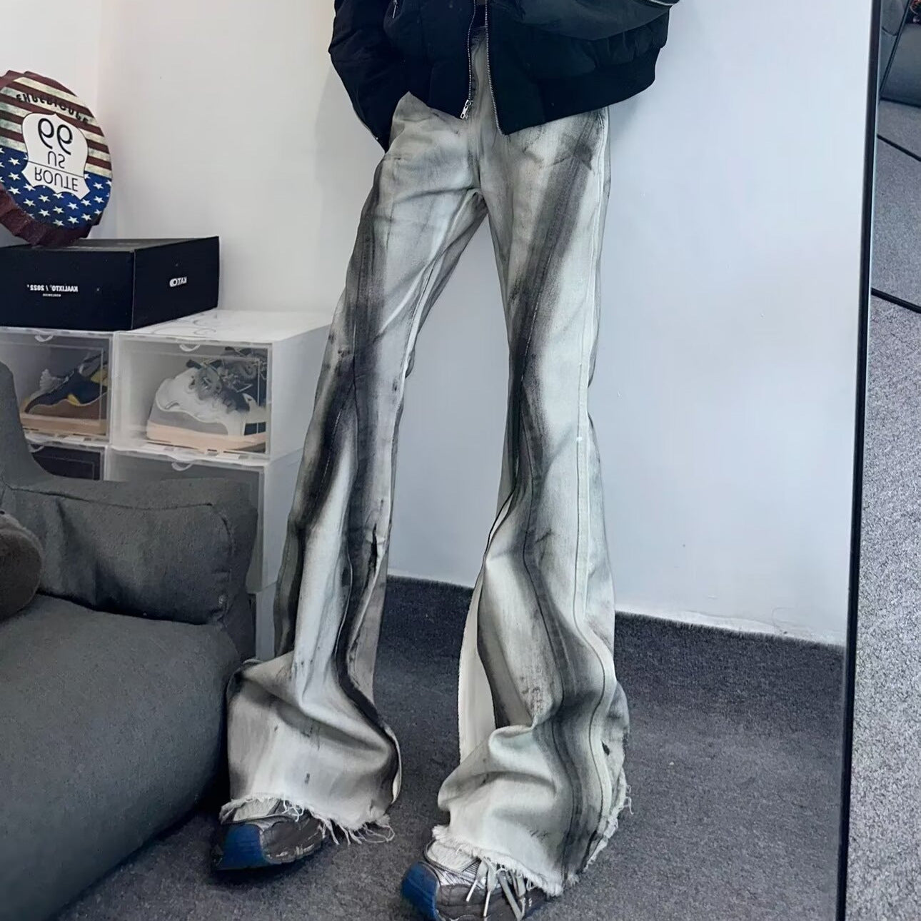 American Street Retro Heavy Rough Selvedge Style In Black Ribbon Gradient Jeans