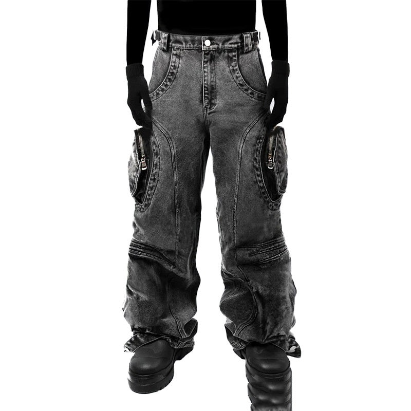 Black Ripped Design Zipper Pants Fashion Street Wind