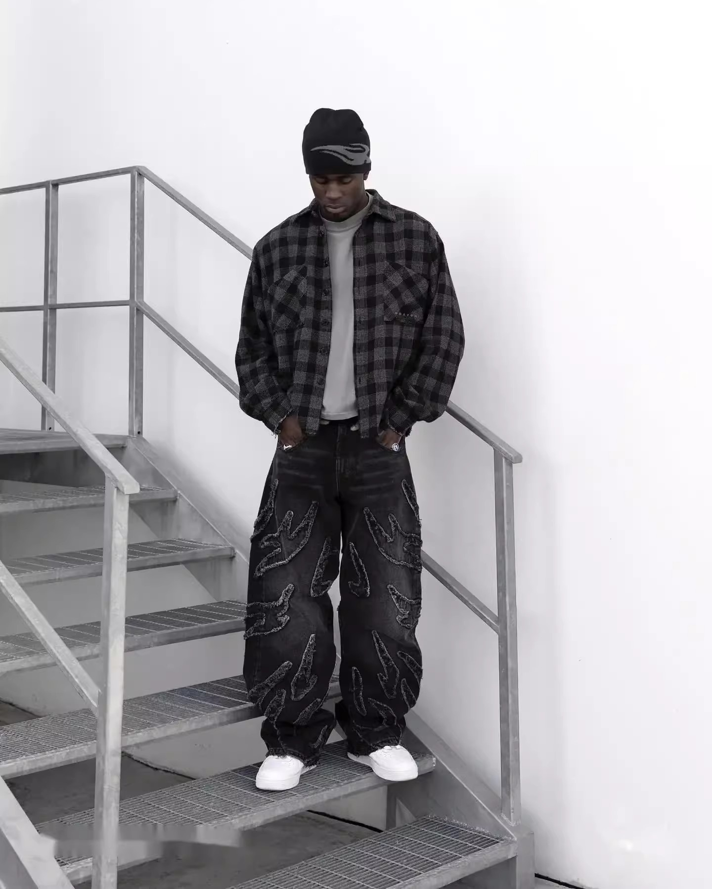 Retro Black Patchwork Hole Jeans Hip Hop 